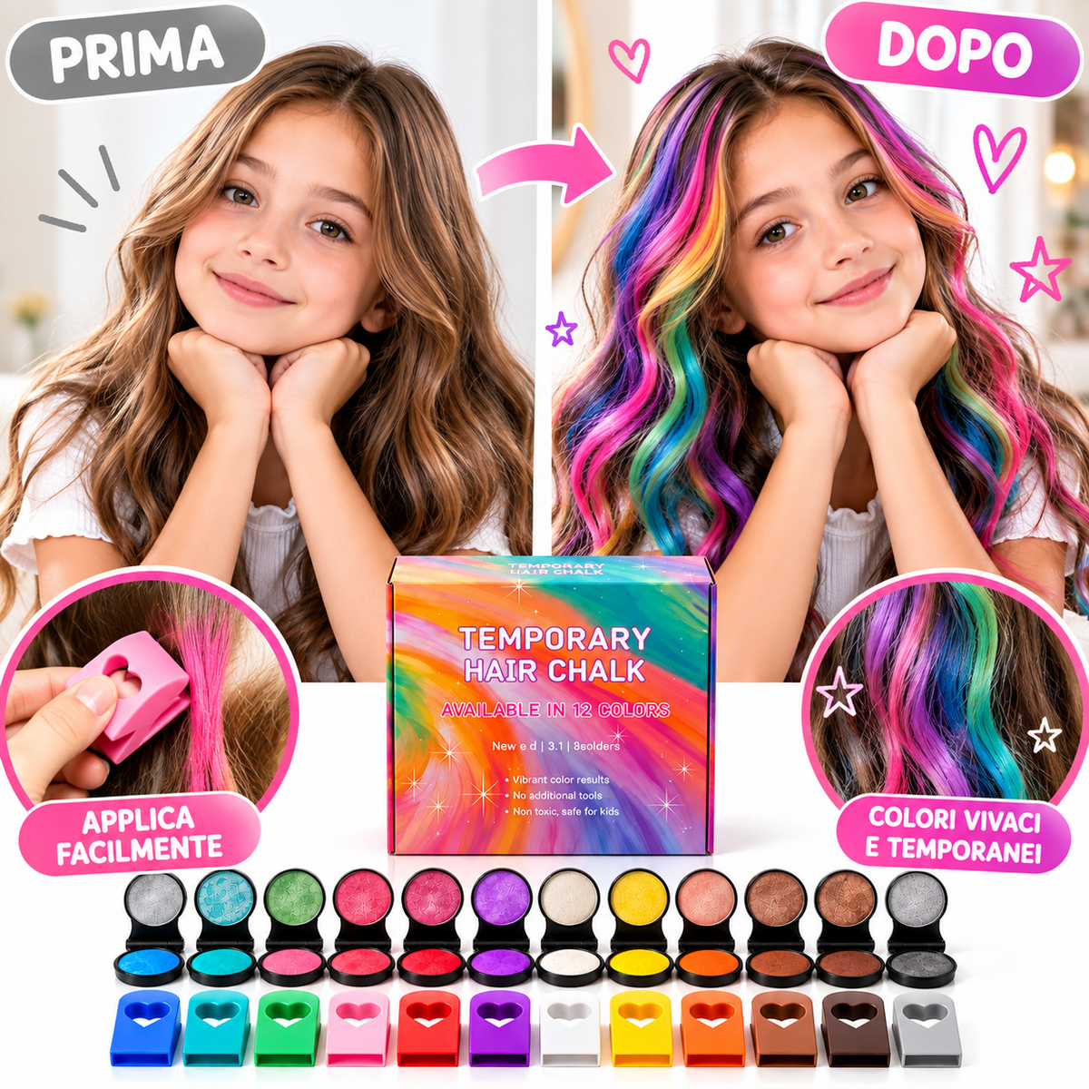 Gessetti Temporanei per Capelli – 12 Colori Neon