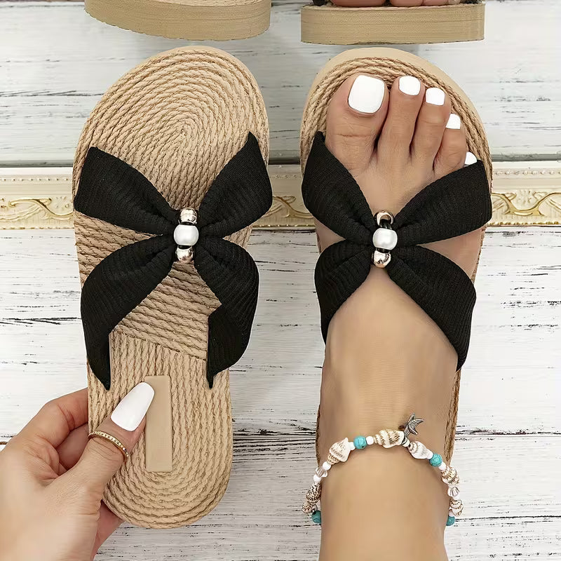 Women's Bowknot Pearl Decor Slip-On Sandals Beige Cotton Comfort Summer Footwear — Image 9