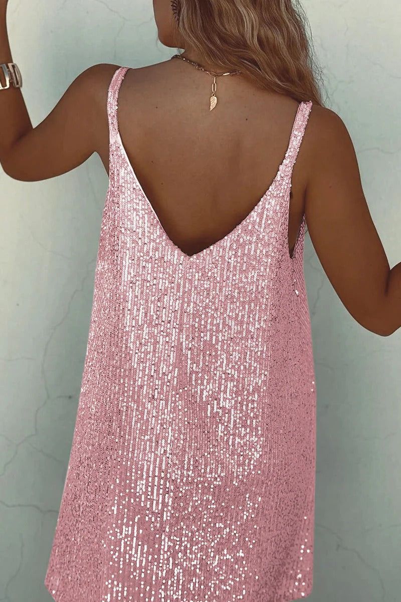 Sequin V-Neck Mini Dress. Assorted colors, polyester material. Sleeveless party dress. — Image 16