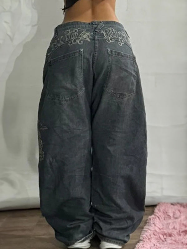Vintage Embroidered Wide-Leg Denim Jeans Dark Gray Cotton Women's — Image 2