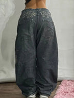 Vintage Embroidered Wide-Leg Denim Jeans Dark Gray Cotton Women's — Image 2