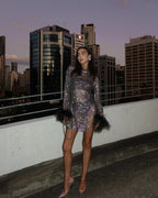 Sequin Mini Dress with Feather Cuffs - Sparkly Polyester Party Dress — Image 3