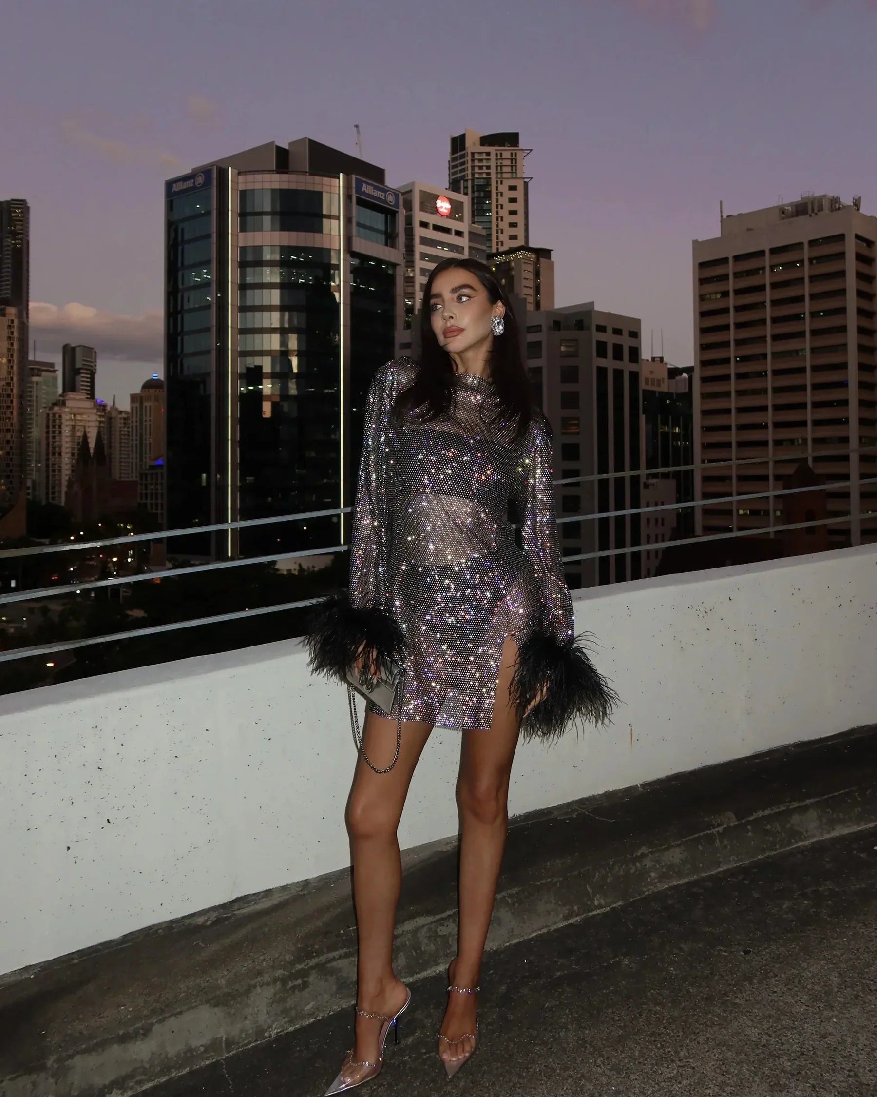 Sequin Mini Dress with Feather Cuffs - Sparkly Polyester Party Dress — Image 3