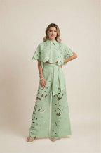 Floral Lace Two-Piece Set: Cropped Shirt & Wide Leg Pants - White Polyester Lace - Women's Fashion — Image 13