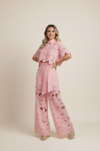Floral Lace Two-Piece Set: Cropped Shirt & Wide Leg Pants - White Polyester Lace - Women's Fashion — Image 5