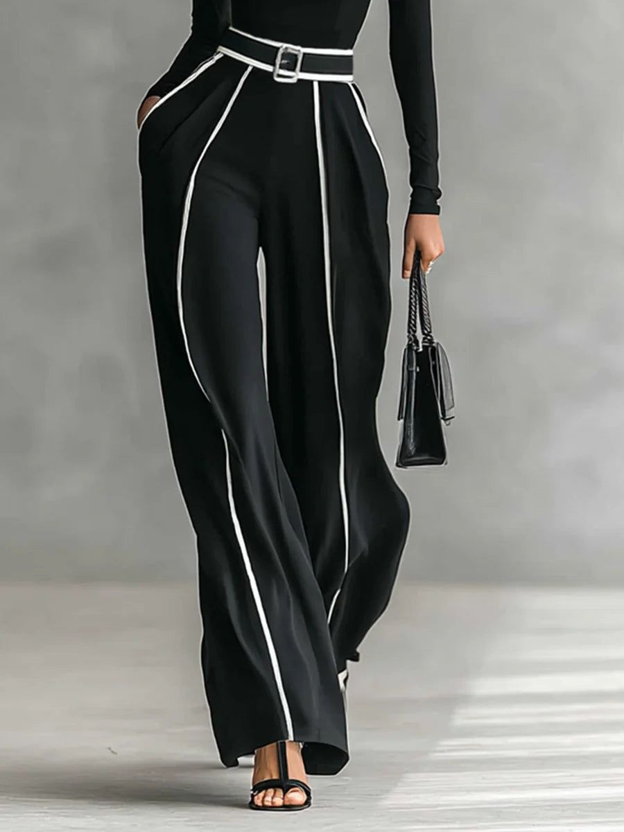 Women's Elegant Pants Set: Turtleneck Long Sleeve Top & Wide Leg Pants with Belt, Black/Gray — Image 4