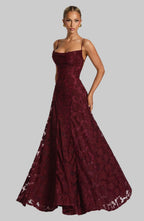 Floral Lace Maxi Dress with Lace-Up Back, Spaghetti Straps, Fitted Bodice. Available in Burgundy, White, and Pink. — Image 5