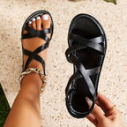 Criss Cross Ankle Strap Sandals Women's Flat Summer Shoes Tan Faux Leather — Image 6