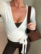 Wrap Front Long Sleeve Top - Women's Tie Waist Top - Cropped Cardigan - Soft Rayon Blend — Main Image