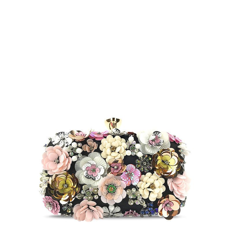 Floral Beaded Evening Clutch Bag Beige with Chain Strap. Elegant Party Handbag — Image 3