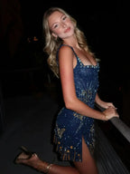 Blue Embellished Mini Dress with Sun and Butterfly Design and Slit — Image 3
