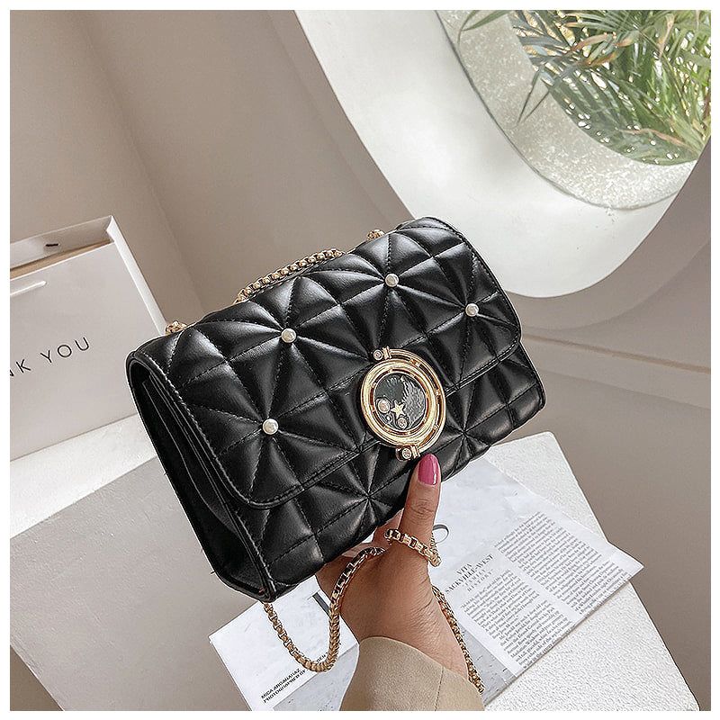 Quilted Crossbody Bag Black Faux Leather Chain Strap Pearl Accents — Image 5