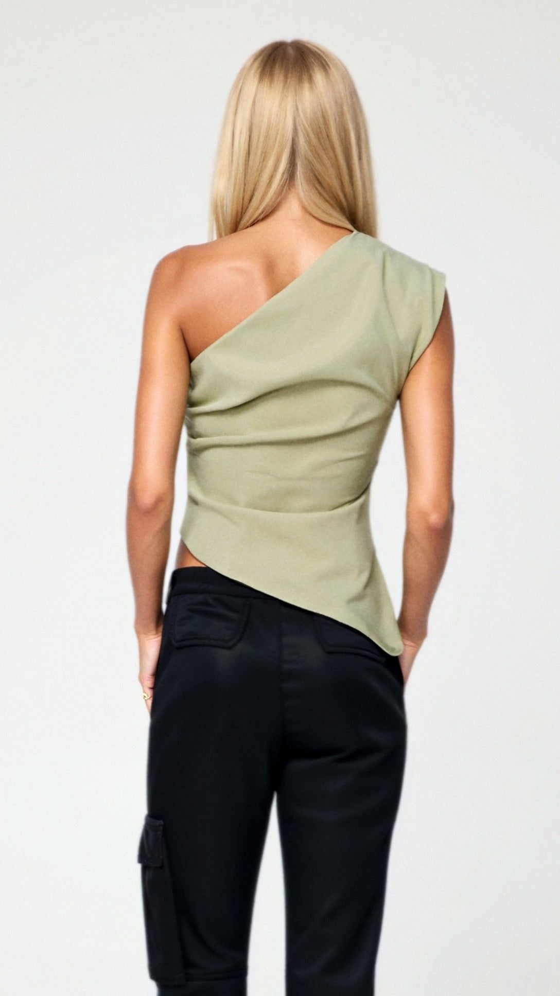 One-Shoulder Blouse: Sleeveless Asymmetrical Top, Sage Green Polyester Blend, Women's Fashion — Image 2