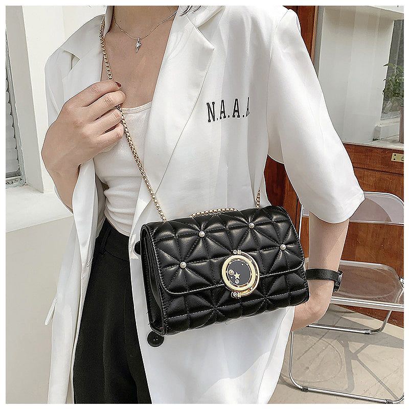 Quilted Crossbody Bag Black Faux Leather Chain Strap Pearl Accents — Image 2