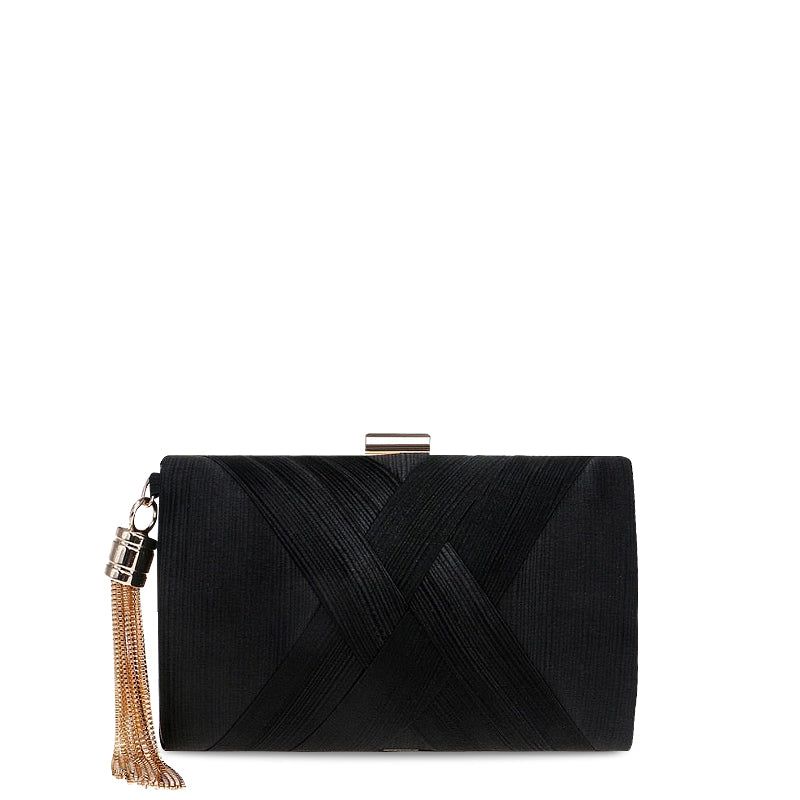 Satin Evening Clutch with Tassel Accent, Available in Gold, Green, Black, and Silver — Image 3