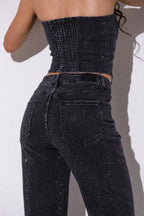 Black Corset Top and Pants Set, Embellished, Strapless Outfit for Women — Image 5