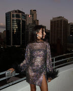 Sequin Mini Dress with Feather Cuffs - Sparkly Polyester Party Dress — Image 7