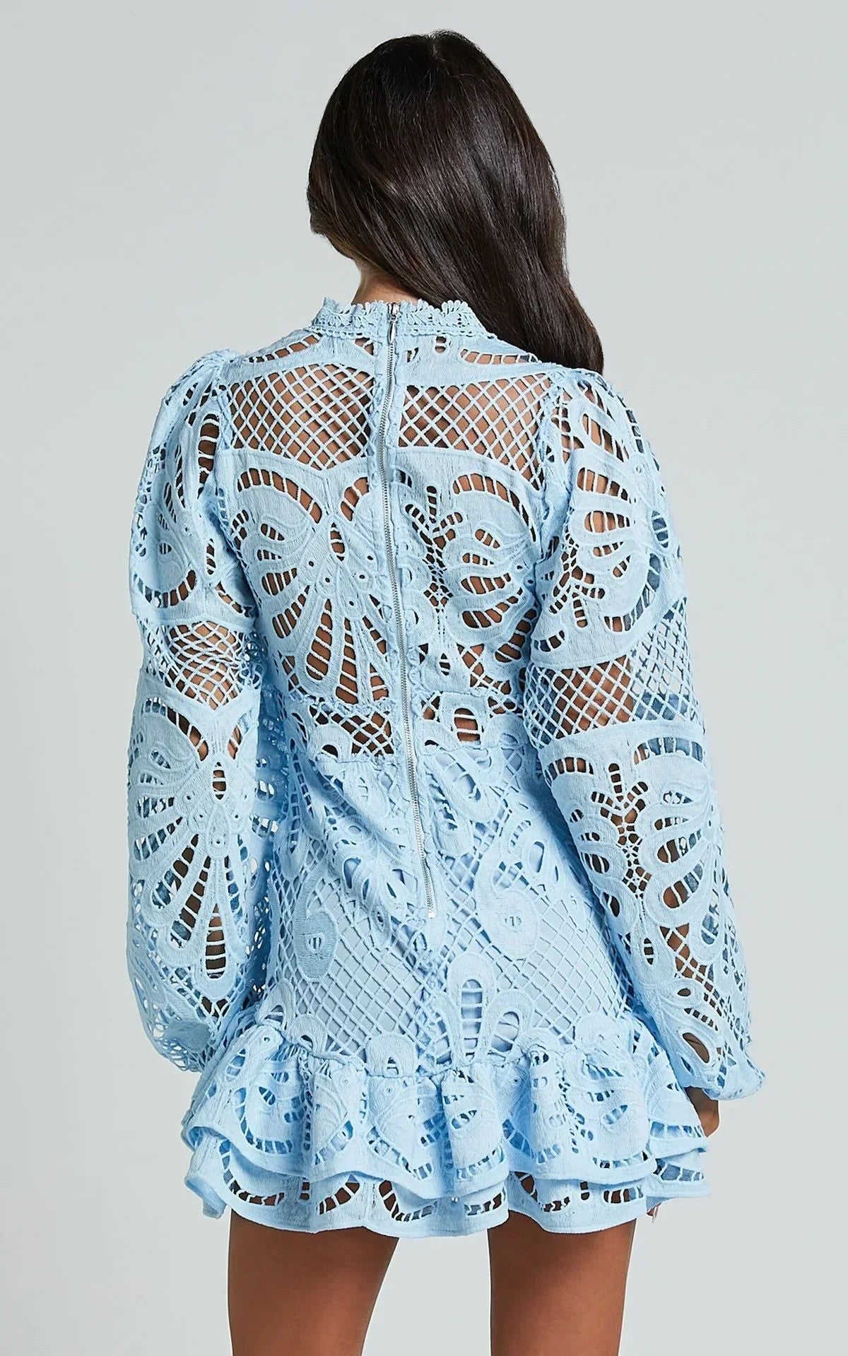 Lace Mini Dress Long Sleeve Ruffle Hem - Various Colors — Image 4