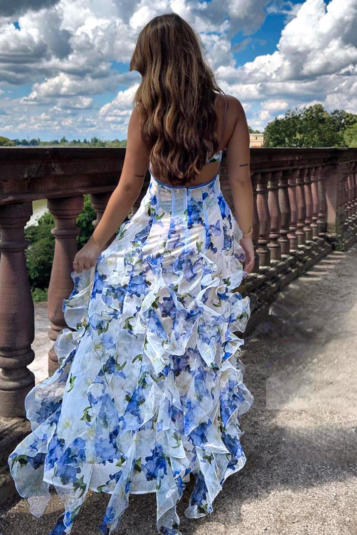 White and Blue Floral Ruffle Maxi Dress. Spaghetti Strap Summer Party Gown. — Image 3