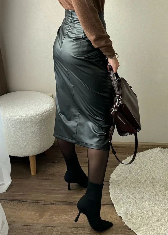 Draped Faux Leather Midi Skirt with Slit, Black, Beige, Brown. Elegant Women's Pencil Skirt. — Image 5