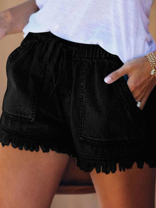 Women's Casual Ruffle Hem Shorts Black Cotton Elastic Waist Summer Fashion — Main Image