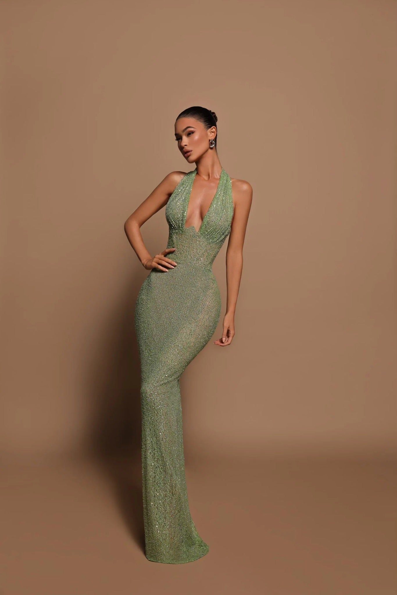 Sequin Halter Maxi Dress Green. Elegant Evening Gown with Shimmering Sequins. — Image 3