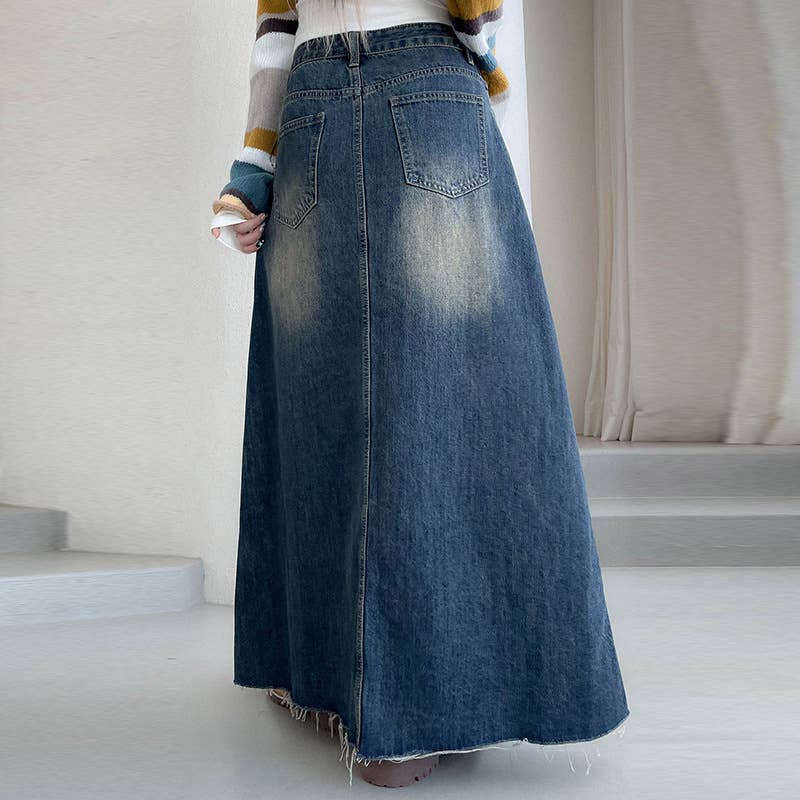 Women's Denim Maxi Skirt Frayed Hem Blue Cotton Casual Long Skirt — Image 4