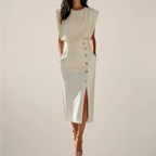 Button Slit Midi Dress with Shoulder Pads: Elegant Dress for Women - Various Colors — Main Image