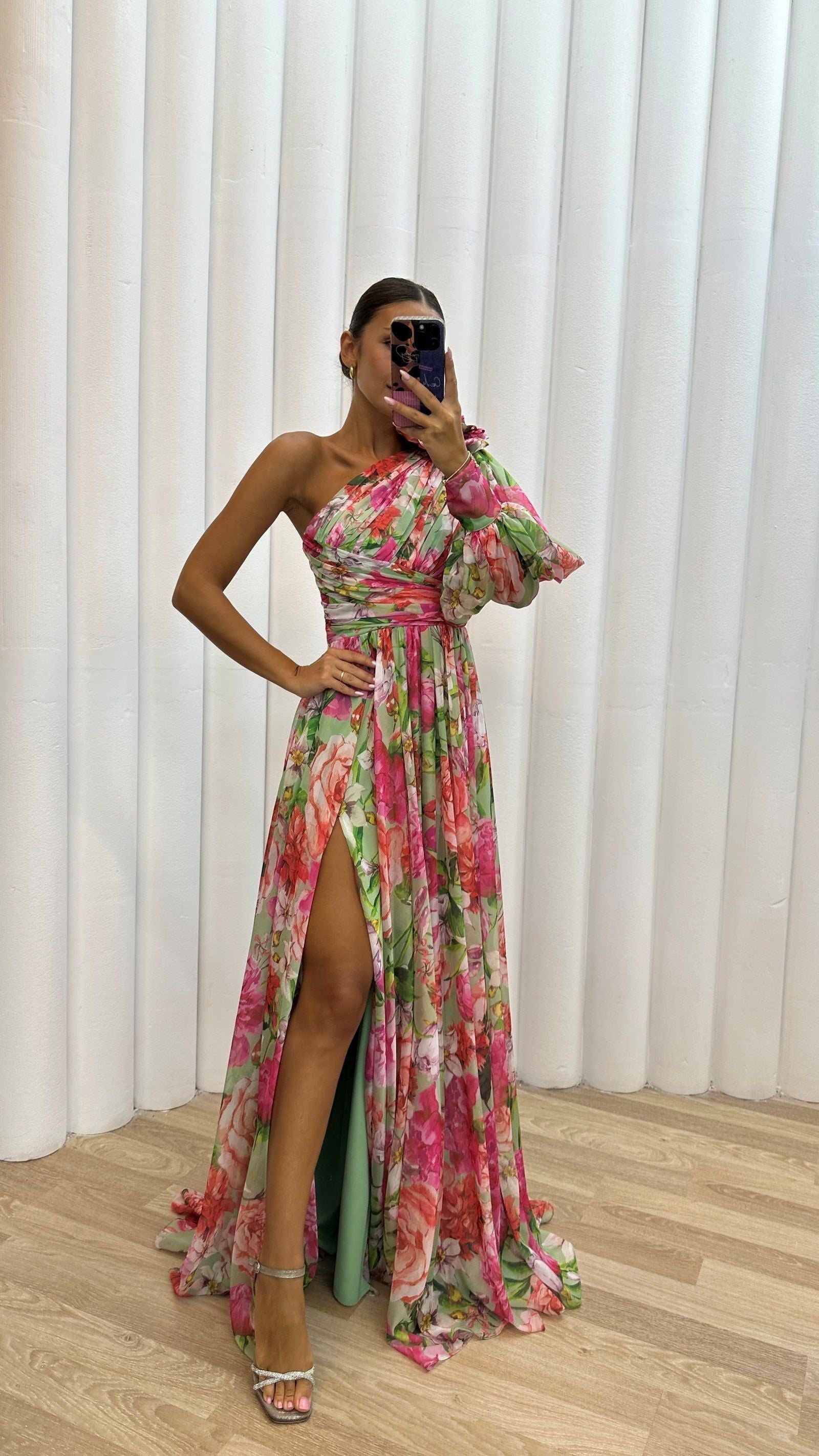 Floral One-Shoulder Maxi Dress with Slit - Women's Evening Gown Multicolor Chiffon — Image 7