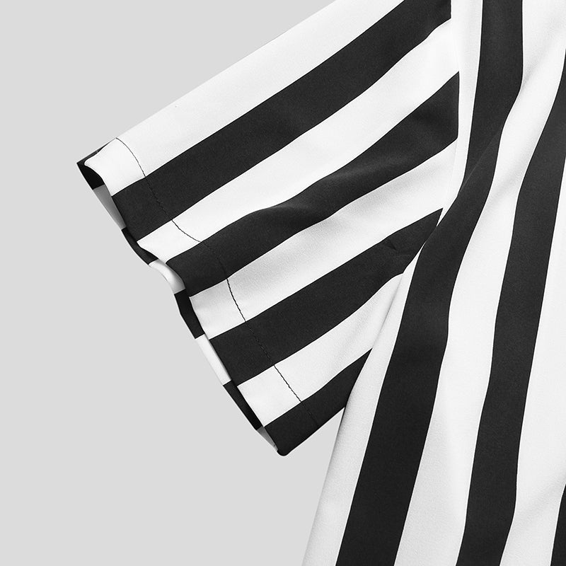 Men's Striped Short Sleeve Shirt Black White Polyester Casual Lightweight Summer Top — Image 4