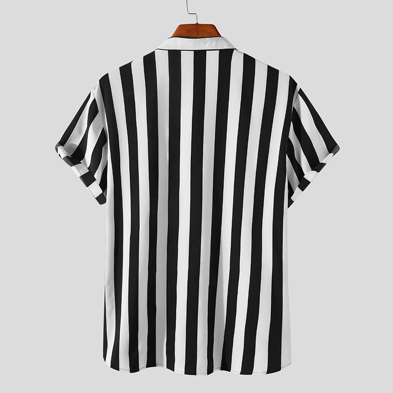 Men's Striped Short Sleeve Shirt Black White Polyester Casual Lightweight Summer Top — Image 3