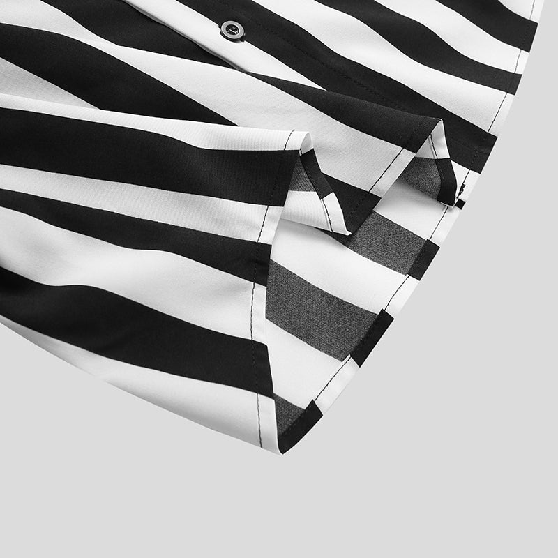 Men's Striped Short Sleeve Shirt Black White Polyester Casual Lightweight Summer Top — Image 5