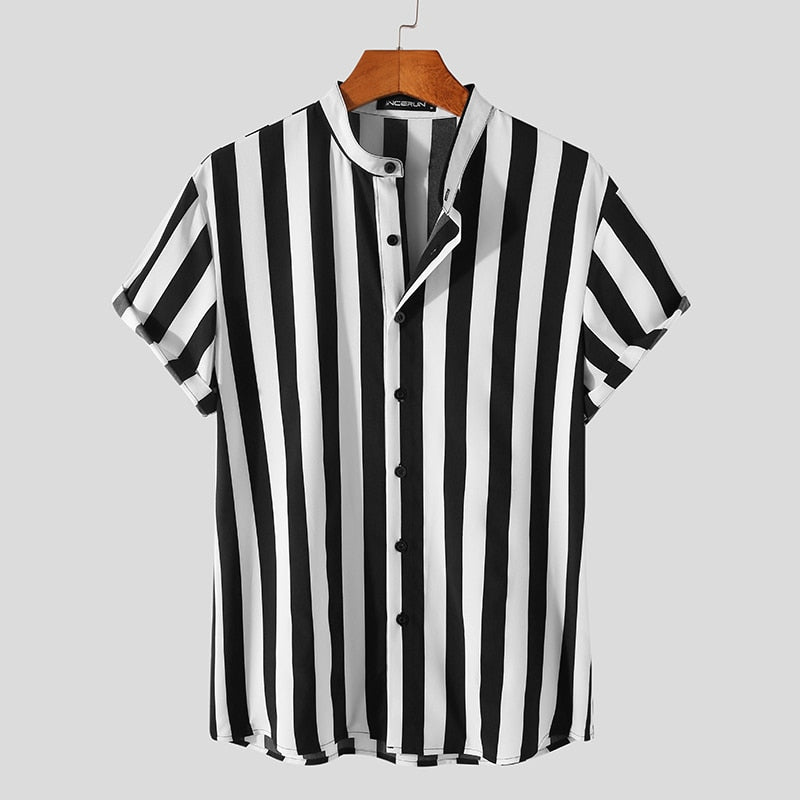 Men's Striped Short Sleeve Shirt Black White Polyester Casual Lightweight Summer Top — Image 2