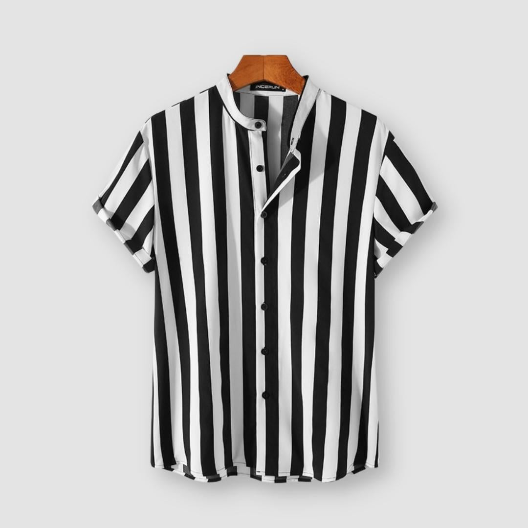 Men's Striped Short Sleeve Shirt Black White Polyester Casual Lightweight Summer Top — Main Image