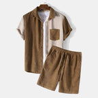 Men's Waffle Knit Shirt and Shorts Set Cotton Blend Beige Brown XL — Main Image