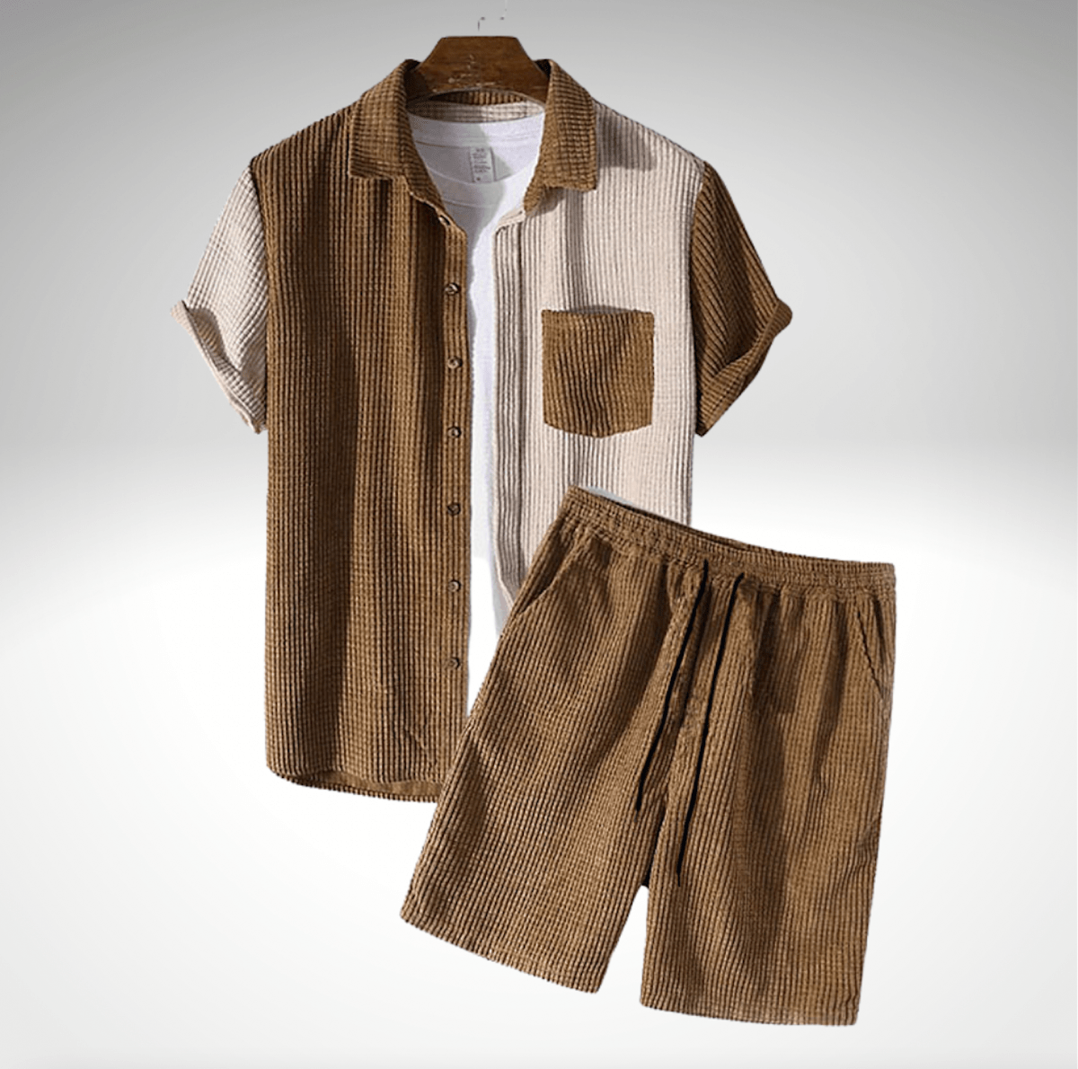 Men's Waffle Knit Shirt and Shorts Set Cotton Blend Beige Brown XL — Image 2
