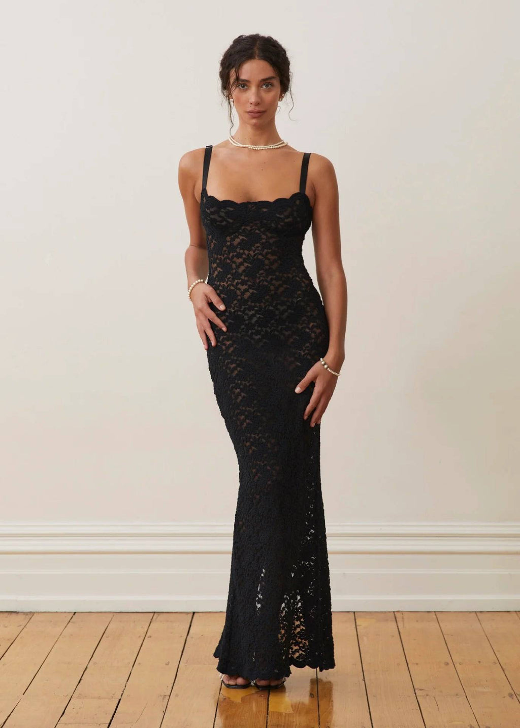 Elegant Black Lace Evening Gown - Women's Sleeveless Floor-Length Dress — Image 3