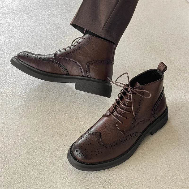 Men's Leather Brogue Ankle Boots Brown Wingtip Lace-Up Dress Shoes — Image 2