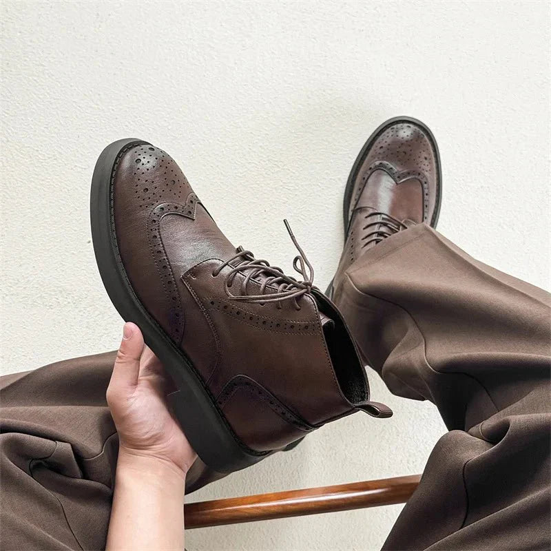 Men's Leather Brogue Ankle Boots Brown Wingtip Lace-Up Dress Shoes — Image 4