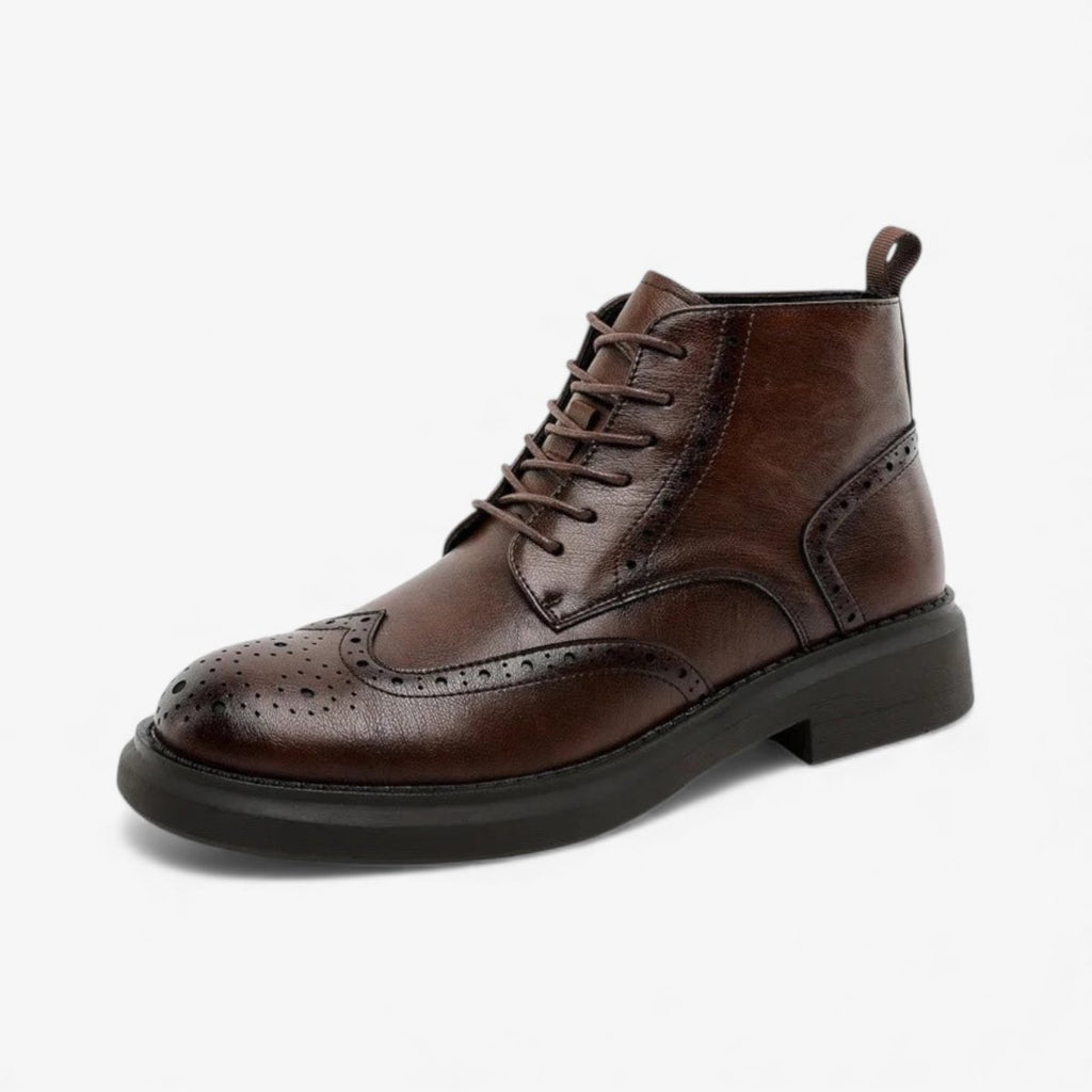 Men's Leather Brogue Ankle Boots Brown Wingtip Lace-Up Dress Shoes — Main Image