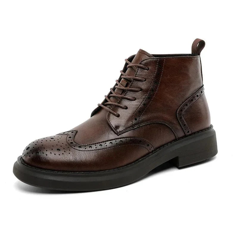 Men's Leather Brogue Ankle Boots Brown Wingtip Lace-Up Dress Shoes — Image 7