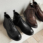 Men's Leather Brogue Ankle Boots Brown Wingtip Lace-Up Dress Shoes — Image 3