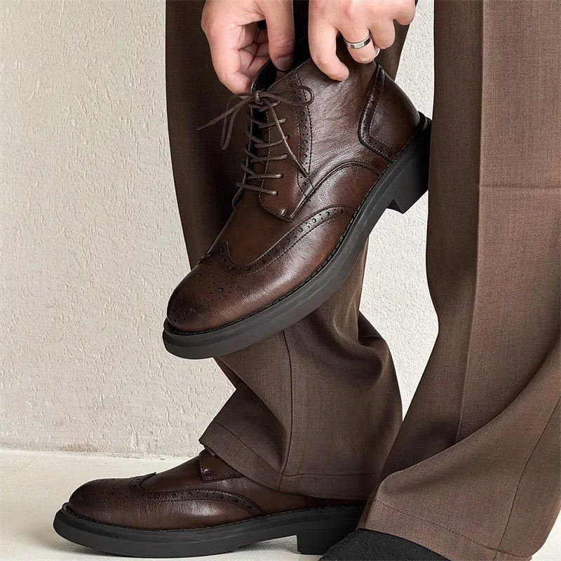 Men's Leather Brogue Ankle Boots Brown Wingtip Lace-Up Dress Shoes — Image 5