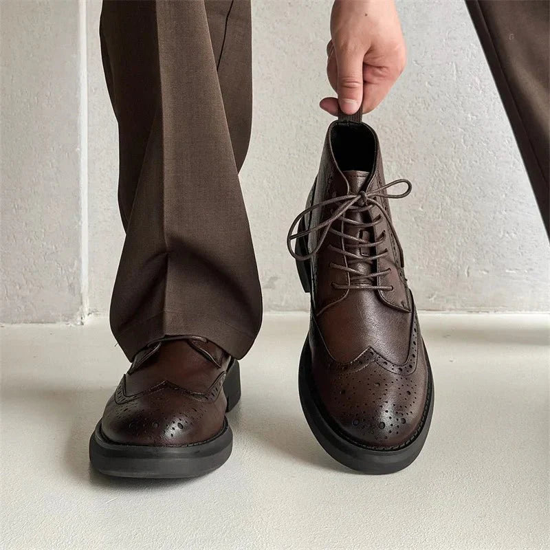 Men's Leather Brogue Ankle Boots Brown Wingtip Lace-Up Dress Shoes — Image 6