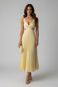 Pleated Midi Dress V-Neck Cutout Waist Sleeveless - Available in Yellow, Purple, Red, Black, Green — Main Image