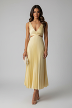 Pleated Midi Dress V-Neck Cutout Waist Sleeveless - Available in Yellow, Purple, Red, Black, Green — Main Image