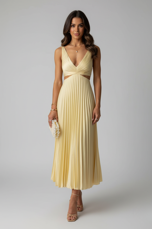 Pleated Midi Dress V-Neck Cutout Waist Sleeveless - Available in Yellow, Purple, Red, Black, Green — Main Image