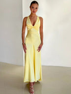 Satin Maxi Dress Open Back with Bow - Women's Formal Evening Gown [Color] — Main Image