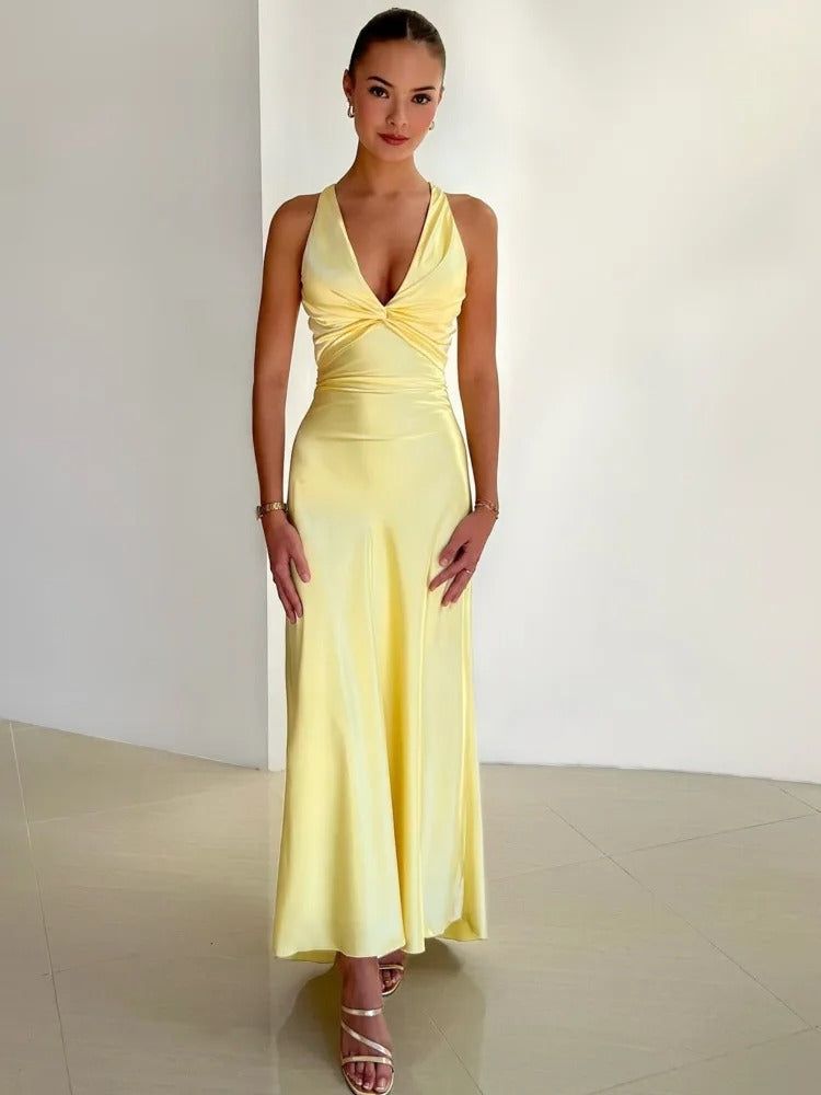 Satin Maxi Dress Open Back with Bow - Women's Formal Evening Gown [Color] — Image 3