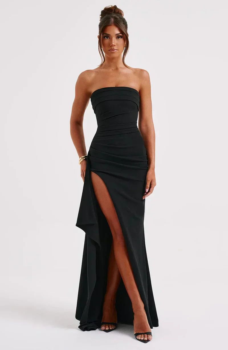Strapless Thigh Slit Maxi Dress Navy/Black Elegant Evening Gown — Image 8